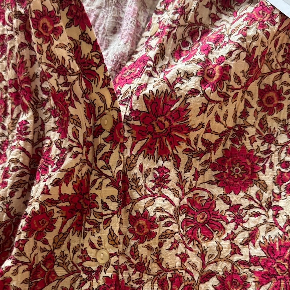 Primark cotton textured gauze mock neck button up down Floral Pink cream Blouse - Picture 5 of 8